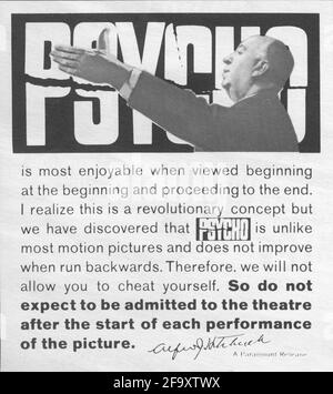 Promotional ad from the additional companion pressbook produced for the publicity stunt of not admitting anyone to movie theatres after the start of PSYCHO 1960 director ALFRED HITCHCOCK novel Robert Bloch music Bernard Herrmann  Shamley Productions ./ Paramount Pictures Stock Photo