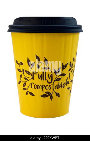Fully completely compostable takeout / takeaway disposable single use paper coffee cup and lid isolated on transparent background. England UK Britain Stock Photo