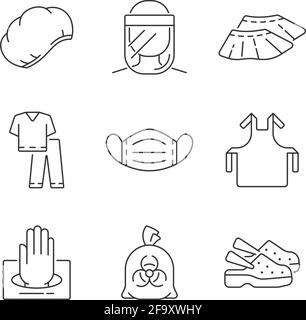 Disposable medical uniform linear icons set Stock Vector