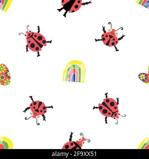 Cute kawaii ladybirds, rainbows, hearts seamless vector pattern background. Happy dancing ladybugs in childlike drawing style. Bright design with Stock Vector