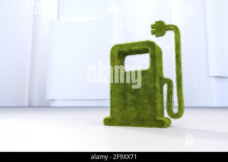Electrical charging station for cars concept in green grass in front of a white cityscape. Stock Photo