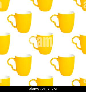Bright yellow mug repeat seamless pattern isolated on white background. Stock Photo