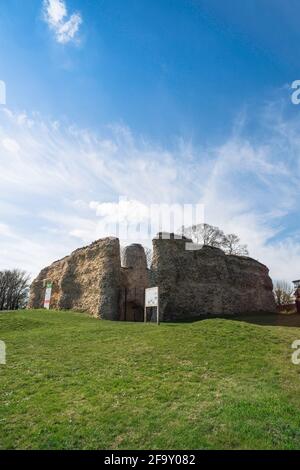 Saffron Walden Castle UK, view of the ruins of Walden Castle, an old Norman defensive structure sited on Castle Hill in Saffron Walden, Essex, England. Stock Photo