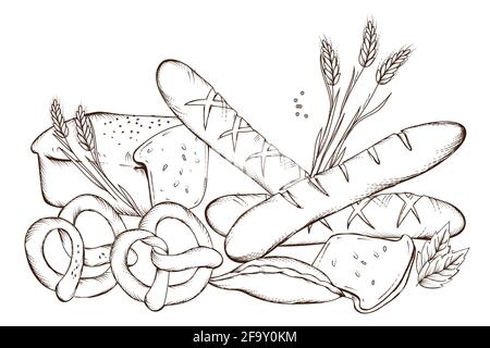Bakery and bread products in hand drawn engraving style. Bakery products for bakehouse or bakeshop, etched vector illustration isolated on white backg Stock Vector