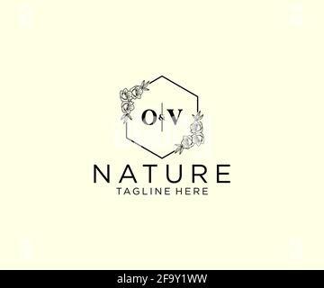 OV letters Botanical feminine logo template floral, editable premade monoline logo suitable, Luxury feminine wedding branding, corporate. Stock Vector