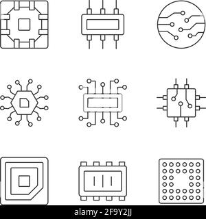 hardware tech linear icons set. Processor, Motherboard, Graphics ...