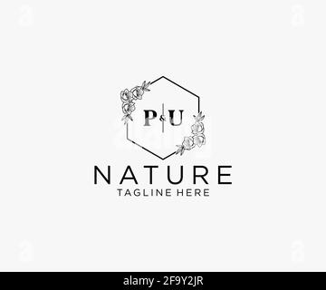 PU letters Botanical feminine logo template floral, editable premade monoline logo suitable, Luxury feminine wedding branding, corporate. Stock Vector