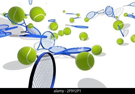 3d illustration of tennis balls and rackets. Falling to the ground bouncing and mingling. Cut out on white background with bold colors. Stock Photo