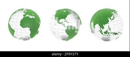 3d illustration of the globe rotating on its axis in space. Grassy continents, showing transparent meridians and parallels. On white background. Stock Photo