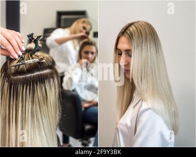 master makes hair extensions to a woman. Close-up of the process. Stock Photo