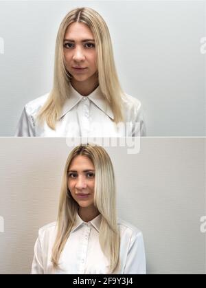 Young blond woman before and after hair extensions. Stock Photo