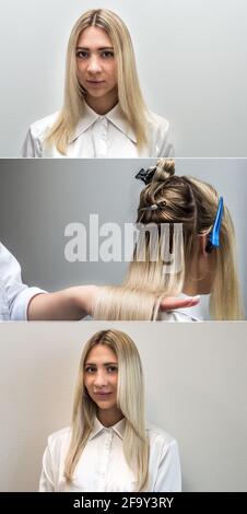 Young blond woman before and after hair extensions. Stock Photo