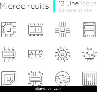 Microcircuits linear icons set Stock Vector