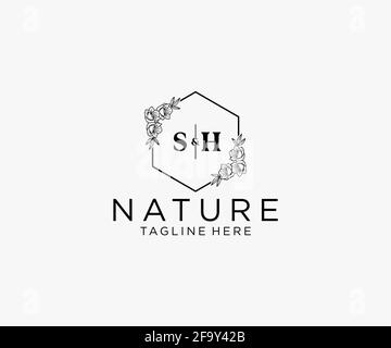 SH letters Botanical feminine logo template floral, editable premade monoline logo suitable, Luxury feminine wedding branding, corporate. Stock Vector