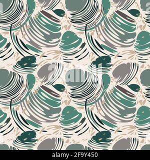 Seashell abstract seamless pattern. Contemporary marine illustration, grey green color palette for wallpaper, modern textile. Light beige background Stock Vector