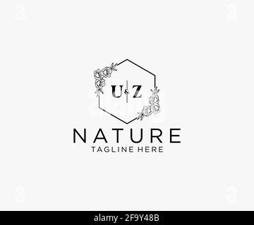 UZ letters Botanical feminine logo template floral, editable premade monoline logo suitable, Luxury feminine wedding branding, corporate. Stock Vector