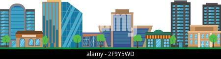 Panoramic view of city buildings isolated on white flat vector design Stock Vector