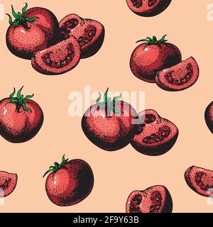 Vector tomato seamless pattern drawing. Isolated tomatoes and sliced pieces. Vegetable engraved style illustration. Detailed vegetarian food drawing b Stock Vector