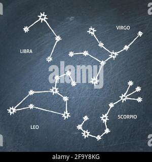 Zodiac constellation symbols collection. Connected shining stars on chalkboard. Leo, Virgo, Libra and Scorpio astrology signs. Vector illustration. Stock Vector