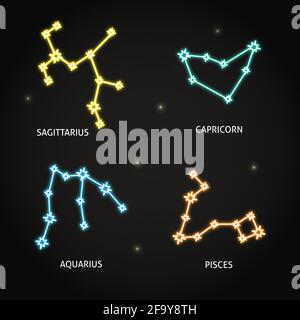 Neon zodiac constellation symbols collection on dark background. Connected shining star astrology signs. Sagittarius, Capricorn, Aquarius and Pisces. Stock Vector
