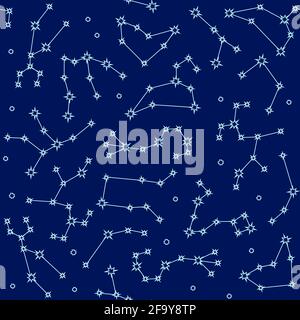 Astrology seamless background with zodiac constellation symbols. Cosmic repeating pattern with connected shining star signs. Vector illustration. Stock Vector