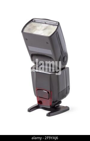 DSLR camera speedlite flash with its display on its stand, isolated on white background Stock Photo