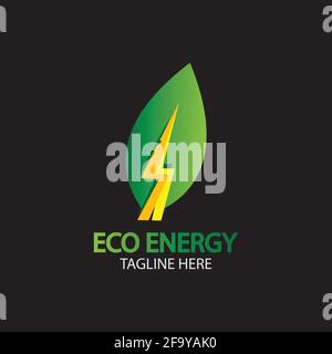 Eco Energy Vector Logo with leaf symbol. Green color with flash or thunder graphic. Nature and electricity renewable. This logo is suitable for techno Stock Vector
