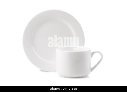 White porcelain cup and plate isolated on a white background Stock Photo