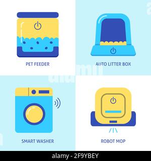 House gadgets and pet care icon set in flat style. Pet feeder, auto litter box, smart washer and robot mop cleaner. Vector illustration. Stock Vector