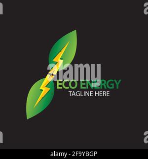 Eco Energy Vector Logo with leaf symbol. Green color with flash or thunder graphic. Nature and electricity renewable. This logo is suitable for techno Stock Vector