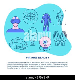 Virtual reality concept poster template in line style. Modern computer technology symbols. Vector illustration with place for text. Stock Vector