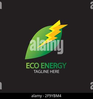 Eco Energy Vector Logo with leaf symbol. Green color with flash or thunder graphic. Nature and electricity renewable. This logo is suitable for techno Stock Vector