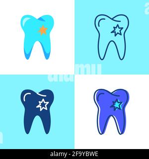 Tooth with hole icon set in flat and line style. Dental caries symbol, damaged enamel. Stomatology emblem. Vector illustration. Stock Vector