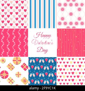 Valentines day seamless patterns collection in flat style. Romantic repeating textures set with hearts, flowers and gift boxes. Vector illustration. Stock Vector