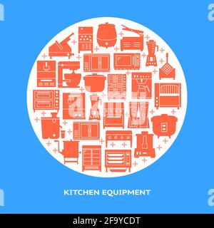Professional kitchen equipment round banner template in flat style. Commercial cooking appliances symbols. Vector illustration. Stock Vector