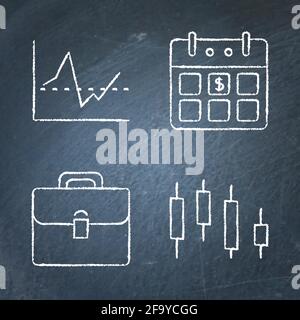 Chalkboard investment icon set in line style. Calendar with payment date, candlestick chart, portfolio and graph symbols. Sketch on blackboard. Vector Stock Vector