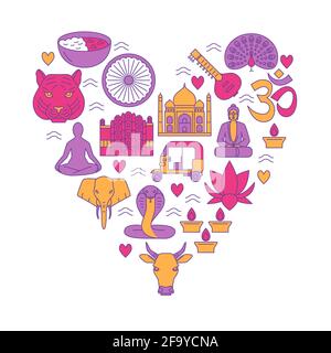 India concept banner in colored line style. Poster with national symbols. Vector illustration. Stock Vector