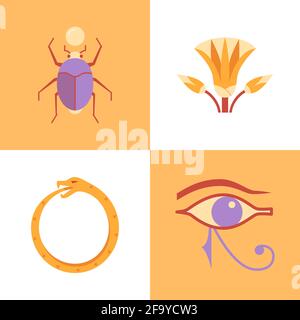 Ancient Egyptian sacred symbols icon set in flat style. Scarab beetle, left eye of Ra, lotus and Ouroboros. Vector illustration. Stock Vector