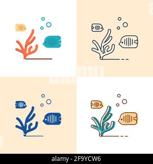 Sea coral and fish icon set in flat and line style. Underwater flora and fauna symbol. Vector illustration. Stock Vector