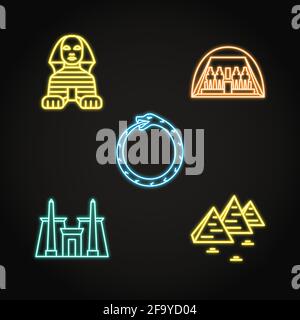 Egypt icons set in neon line style. Traditional country symbols. Vector illustration. Stock Vector