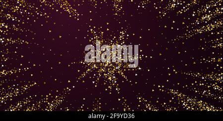 Gold triangles luxury sparkling confetti. Scattered small gold particles on red maroon background. Attractive festive overlay template. Admirable vect Stock Vector