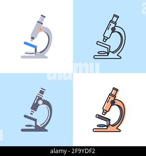 Microscope icon set in flat and line styles. Scientific equipment symbol. Vector illustration. Stock Vector