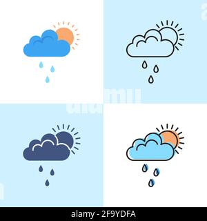 Sun behind cloud with rain icon set in flat and line styles. Weather or mood symbol. Vector illustration. Stock Vector