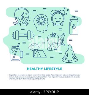 Healthy lifestyle concept banner with icons in line style. Health improvement theme poster with place for text. Vector illustration. Stock Vector
