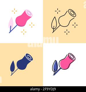 Red rose icon set in flat and line styles. Romantic flower symbol. Vector illustration. Stock Vector