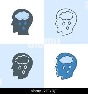 Depression concept icon set in flat and line styles. Mental disorder symbol. Medical vector illustration. Stock Vector