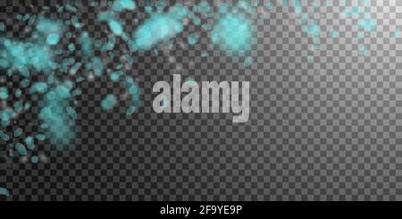 Turquoise flower petals falling down. Lovely romantic flowers falling rain. Flying petal on transparent wide background. Love, romance concept. Deligh Stock Vector