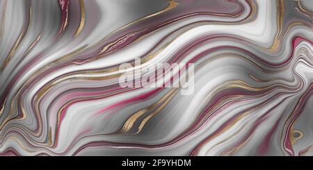 Modern colorful flow marble agate fluid poster. Wave Liquid shape in grey pink pastel color, golden veins. Stone texture, marbled surface, digital mar Stock Photo