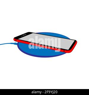 Charging a smartphone using a wireless charger isolated white background. Stock Vector