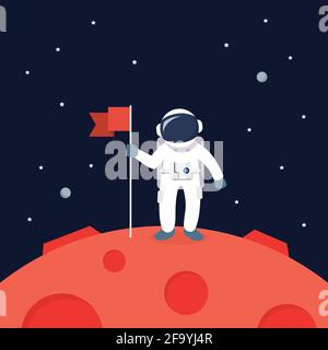 Astronaut Landing On Mars Holding Flag. star and planets on galaxy background. Flat style vector illustration Stock Vector